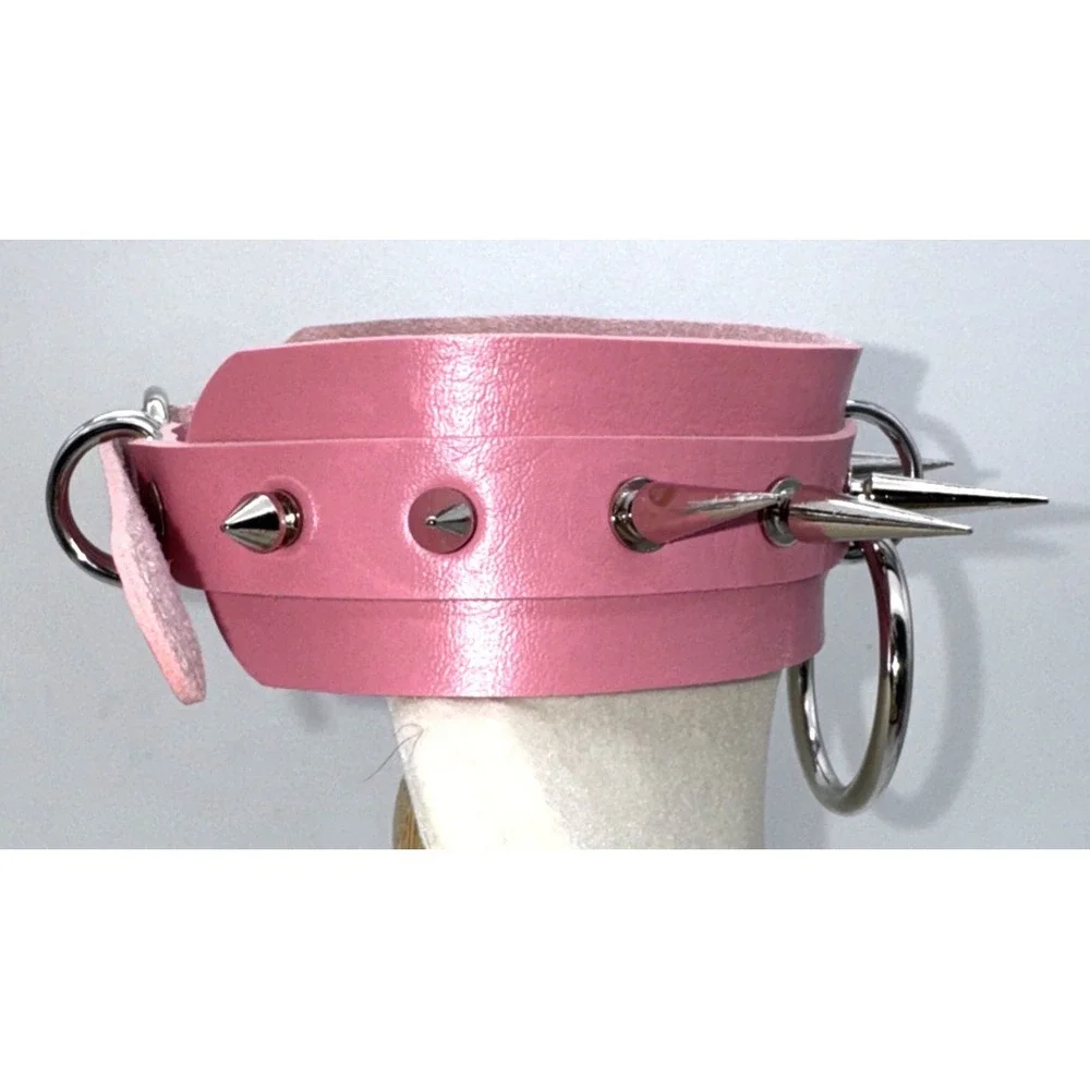 Pink Choker Necklace Gothic Punk Faux Leather‎ Metal Spikes O-Ring Collar Unisex